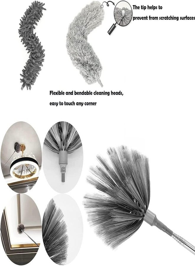 Tekcool 3 in 1 Long Handle Microfiber Feather Ceiling Duster with Extendable Pole 30-100 Inch with Anti Scratch Bendable Head for Cleaning High Cobweb Stick High Ceiling Fan - Stainless Steel,Grey - Image 2